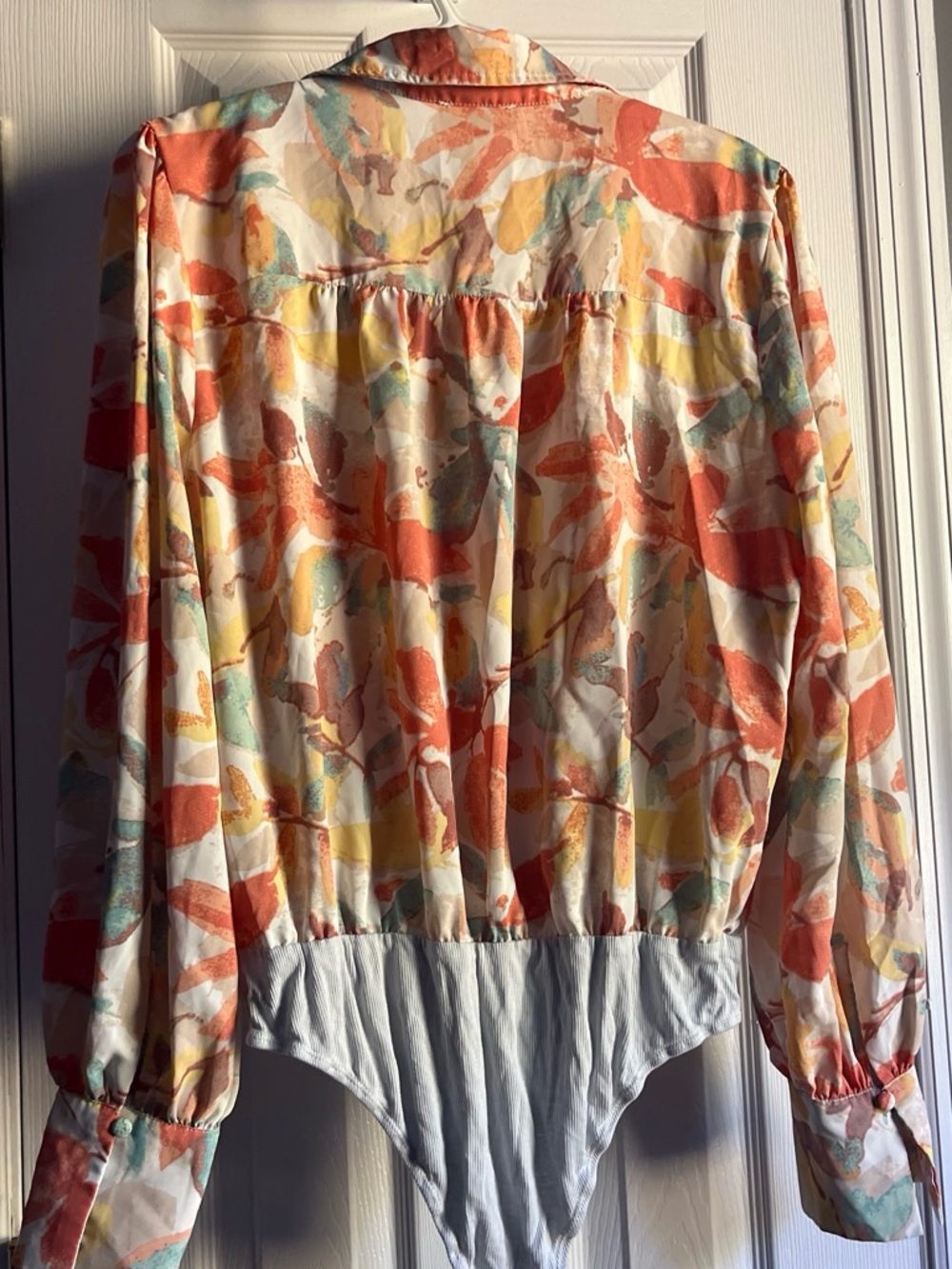 entro Multicolor Abstract Print Button-Down Bodysuit in Orange, Yellow & Aqua